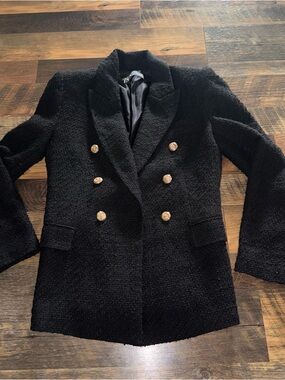 Zara Black Bouclé Double-Breasted Blazer with Gold Buttons